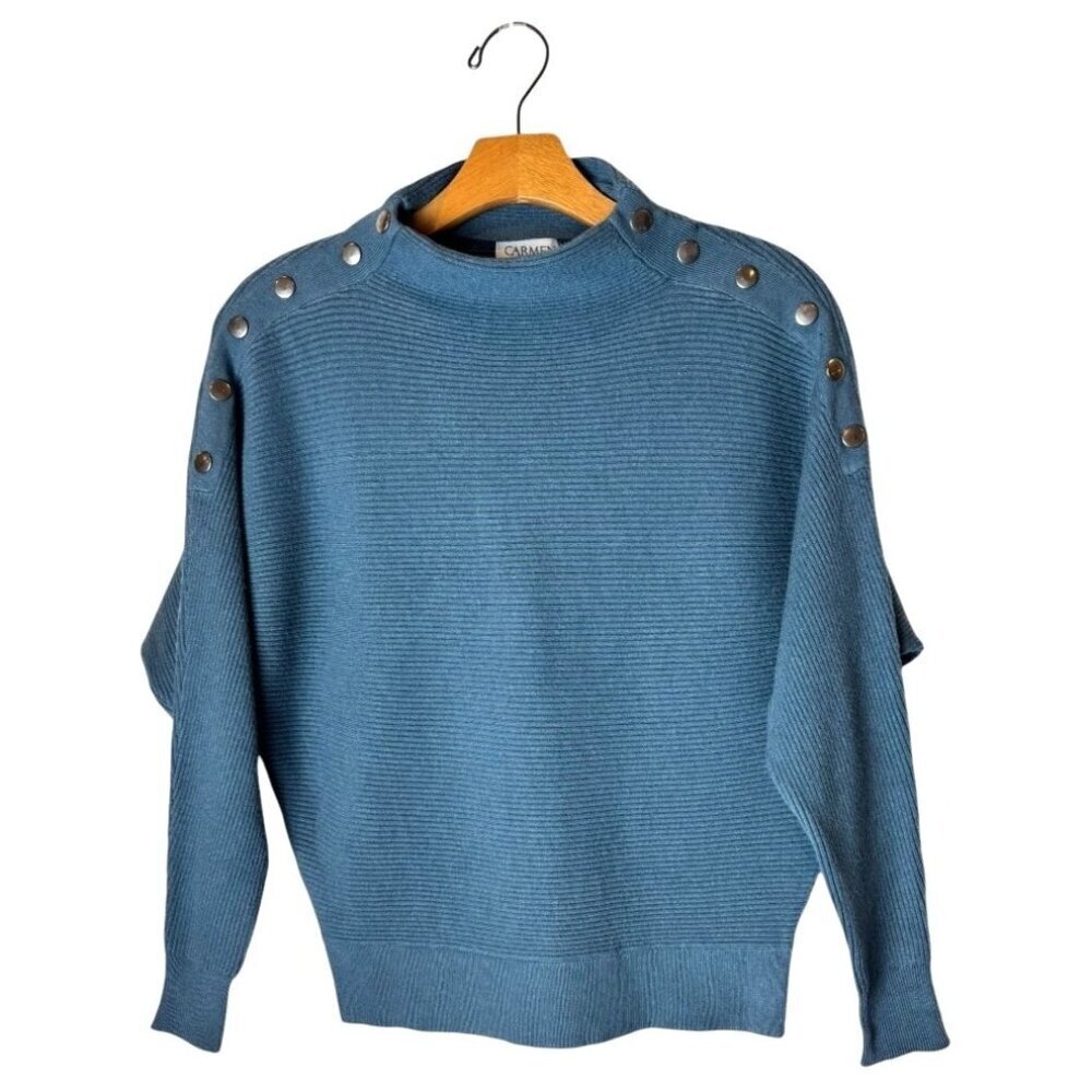 Carmen Marc Valvo Sweater Women Small Blue Ribbed Knit Button Detail Dolman